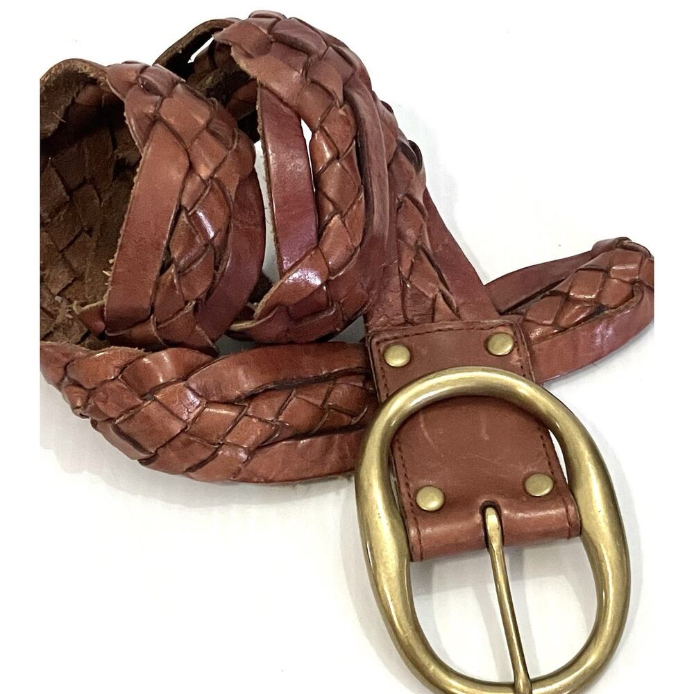 Lucky Brand Leather Braided Belt Wide Large Brass Oval Statement Buckle SZ 32